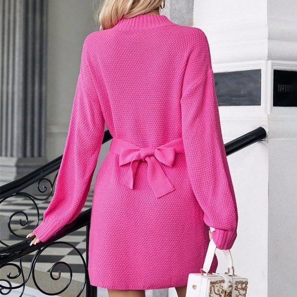 Hot Pink Casual Womens Mock Neck Drop Shoulder Belted Sweater Dress - Picture 2 of 5